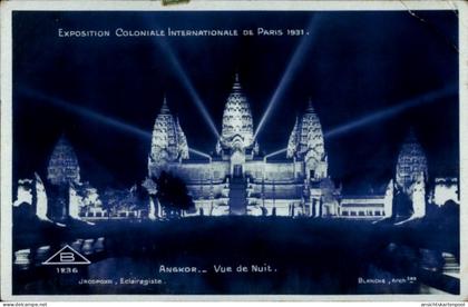 CPA Angkor Wat Kambodscha, Nachtansicht des Angkor Wat mit Lichtern, Exposition Coloniale Inter...