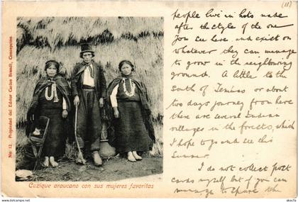 PC CHILE, CAZIQUE ARAUCANO CON SUS MUJERES, Vintage Postcard (b65680)