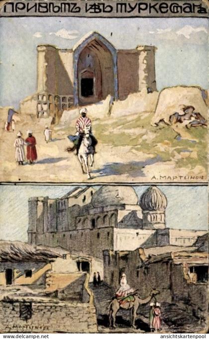 Artiste CPA Martinow, A., Turkestan Türkistan Kasachstan, Mausoleum, Kamelreiter