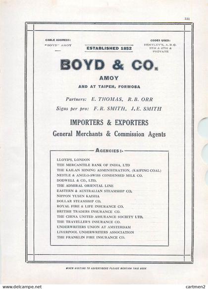 BOY § CO. AMOY TAIPEH FORMOSA FORMOSE TAIPEI IMPORTERS EXPORTERS 1852 CHINA CHINE CINA