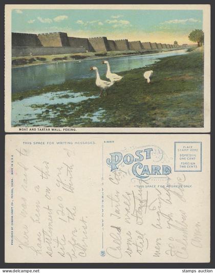 China c.1920 Old Colour Postcard Moat & Tartar Wall Peking, Goose Geese Birds 北京