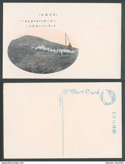 China Old Colour Postcard Manchuria, Sheep Goat Lamb Shepherd on Hill 滿洲 小丘 羊之飼育