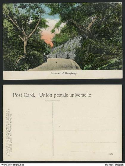 Hong Kong China Old Postcard Sunset, Mountain Road Coolies, Souvenir of Hongkong