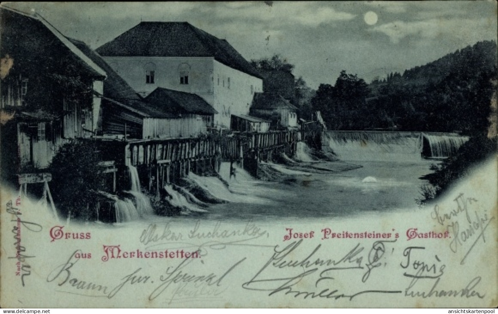 Clair de lune CPA Merkenstetten Purgstall an der Erlauf Niederösterreich, Gasthof Josef Preitensteiner