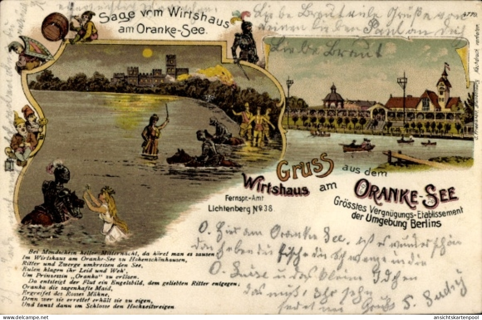 Clair de lune Lithographie Berlin Lichtenberg Hohenschönhausen, Wirtshaus am Orankesee, Sage