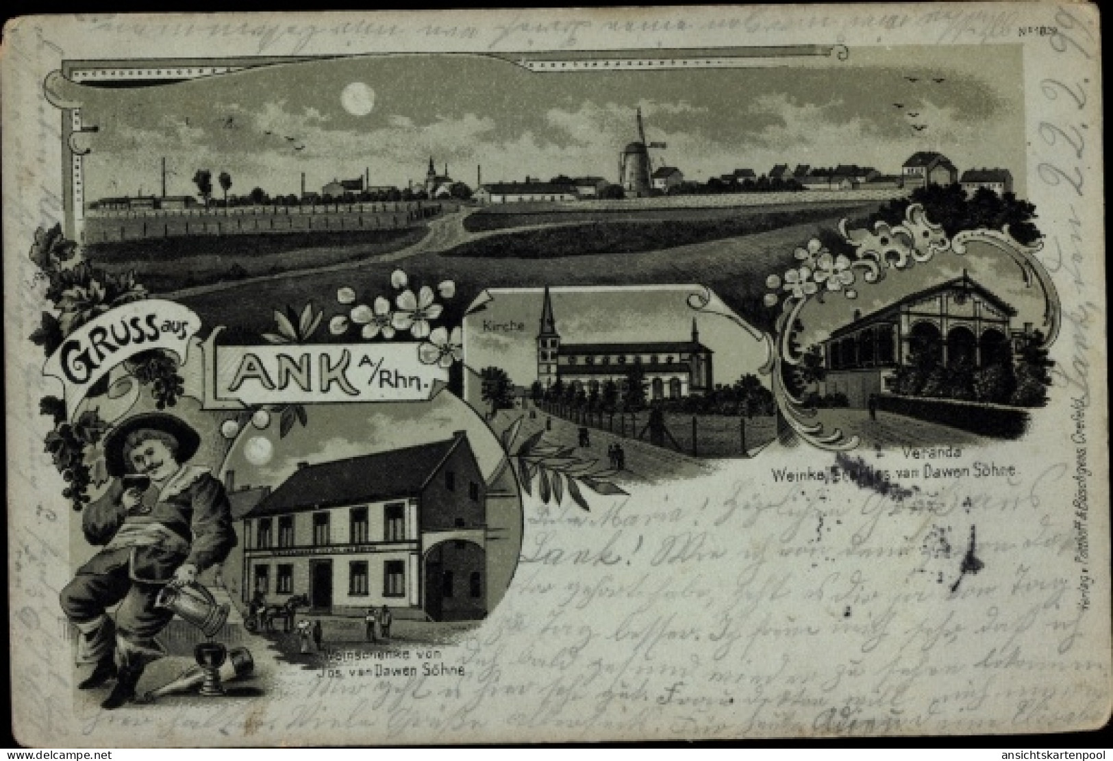 Clair de lune Lithographie Lank Latum Meerbusch am Niederrhein, Kirche, Weinschenke, Blick auf den Ort