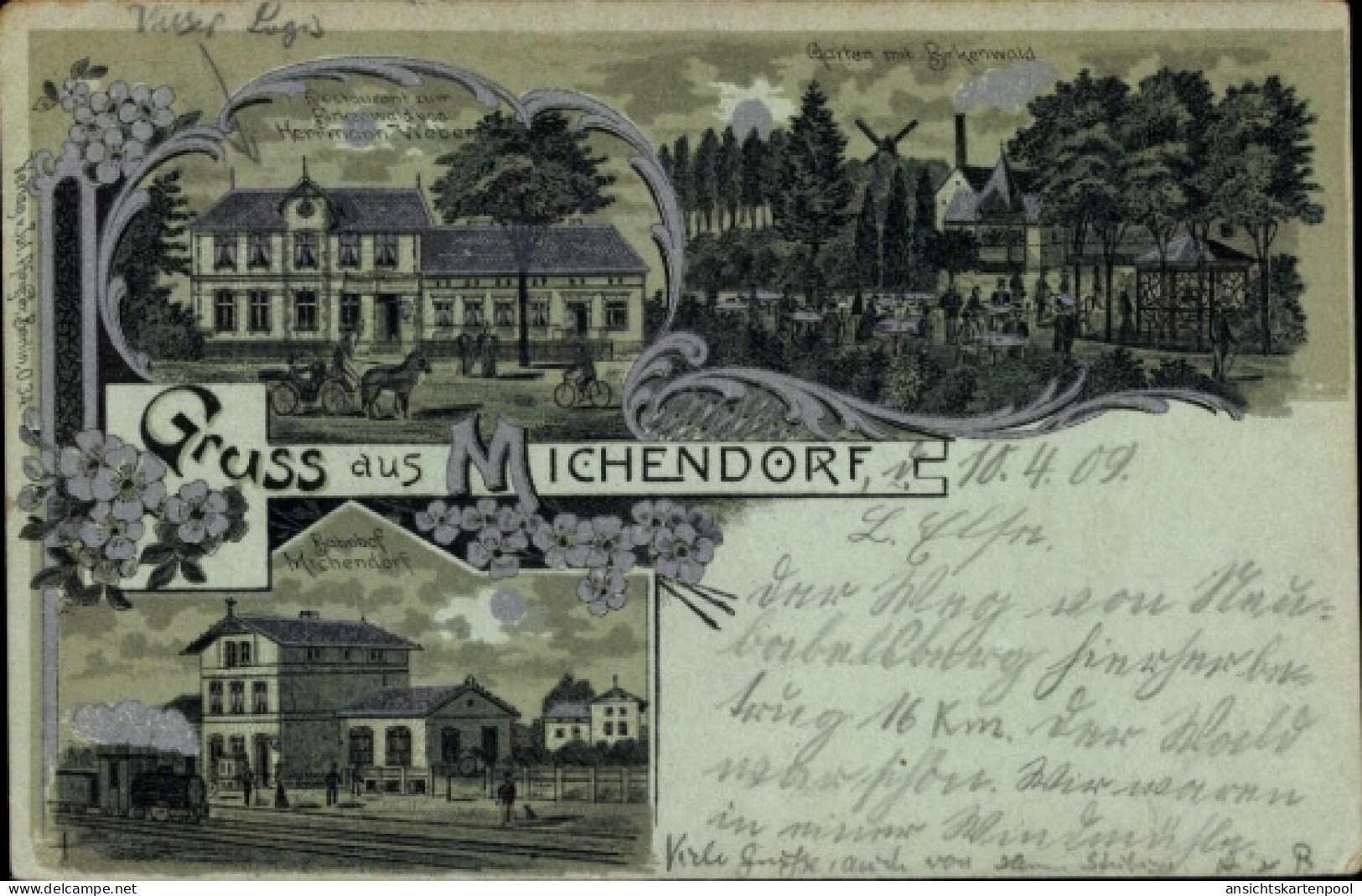 Clair de lune Lithographie Michendorf in der Mark, Bahnhof, Garten, Birkenwald, Restaurant