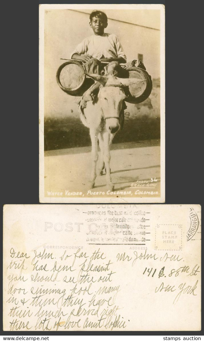 Colombia Old Real Photo Postcard Native Water Vendor on Donkey, Puerto Colombia