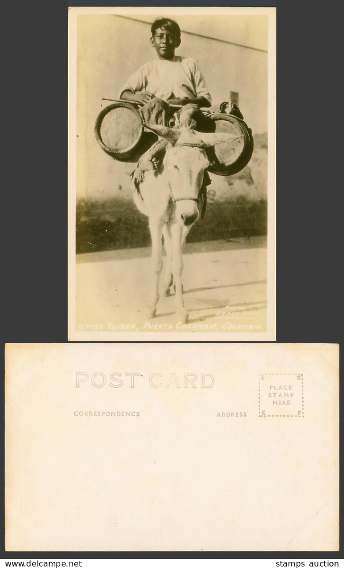 Colombia Old Real Photo Postcard Water Vendor Boy on Donkey Mule Puerto Colombia
