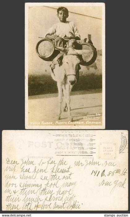 Colombia Old Real Photo Postcard Native Water Vendor on Donkey, Puerto Colombia
