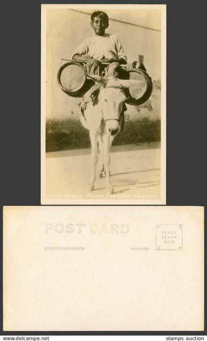 Colombia Old Real Photo Postcard Water Vendor Boy on Donkey Mule Puerto Colombia