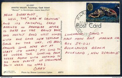 Cook Island Rarotonga 1976 used Postcard, 5c Shells stamp to New Zealand, Avatiu Valley view