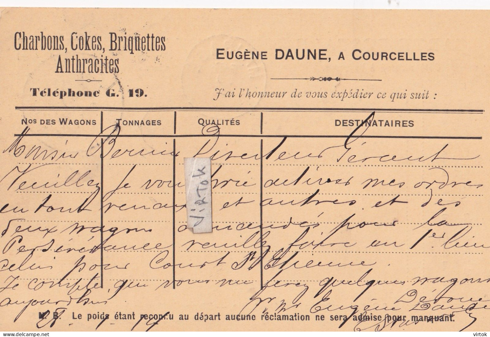 Courcelles :  Eugène Daune    :    charbons , cokes , .......   1914      (  see scans )