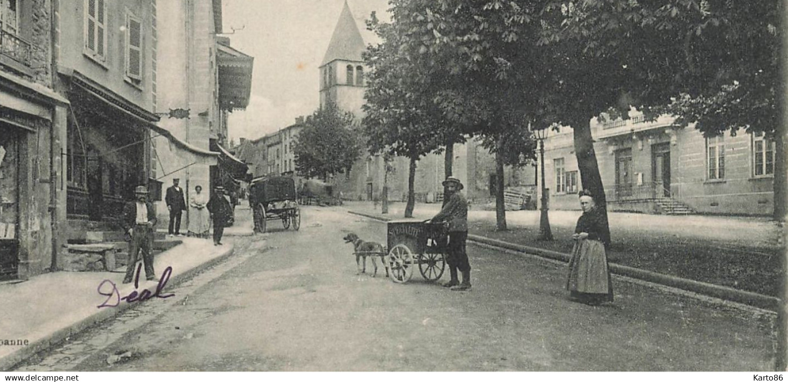 cours la ville , rhône * 1907 * attelage à chien voiture à chiens , grande rue et église * villageois
