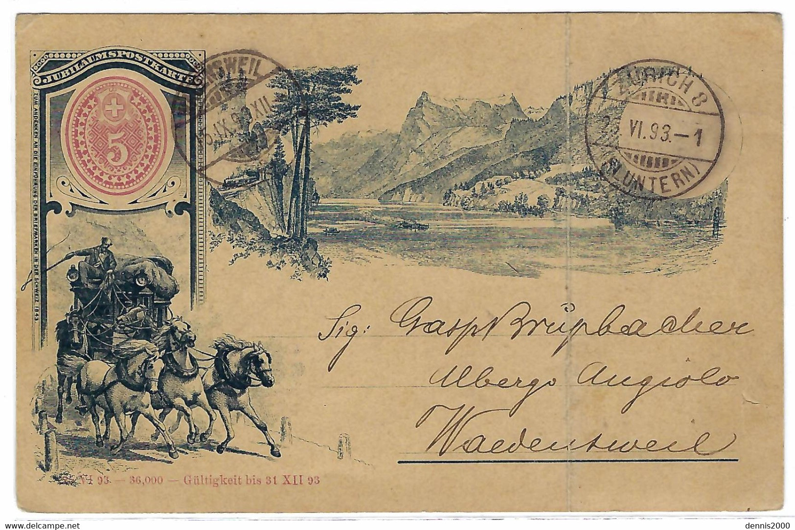 CP Entier Postal - Jubilaumsposkarte 5 Fr. - ATTELAGE DE CHEVAUX - Oblit. 1893