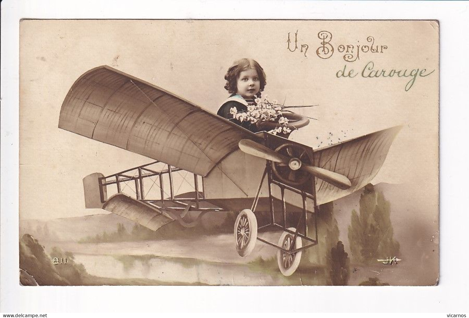 CP FANTAISIE SUISSE CAROUGE Un bonjour  Enfant sur aeroplane fictif