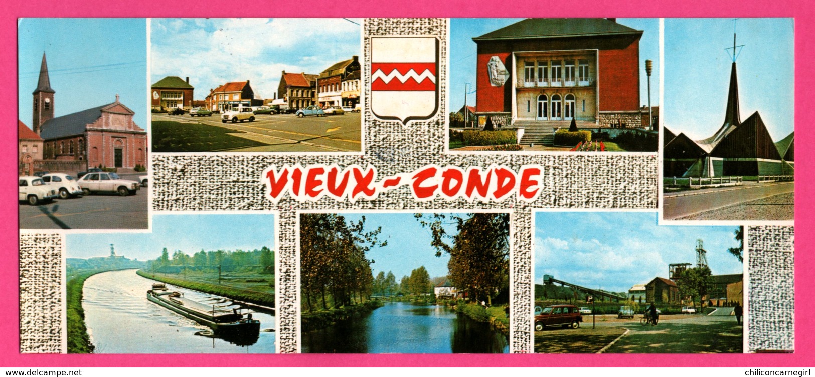 CP Panoramique - Vieux Condé - Multivues - Mines - Mairie - Église - Péniche - Vieilles Voitures - PIERRON - 20,7 x 9 cm
