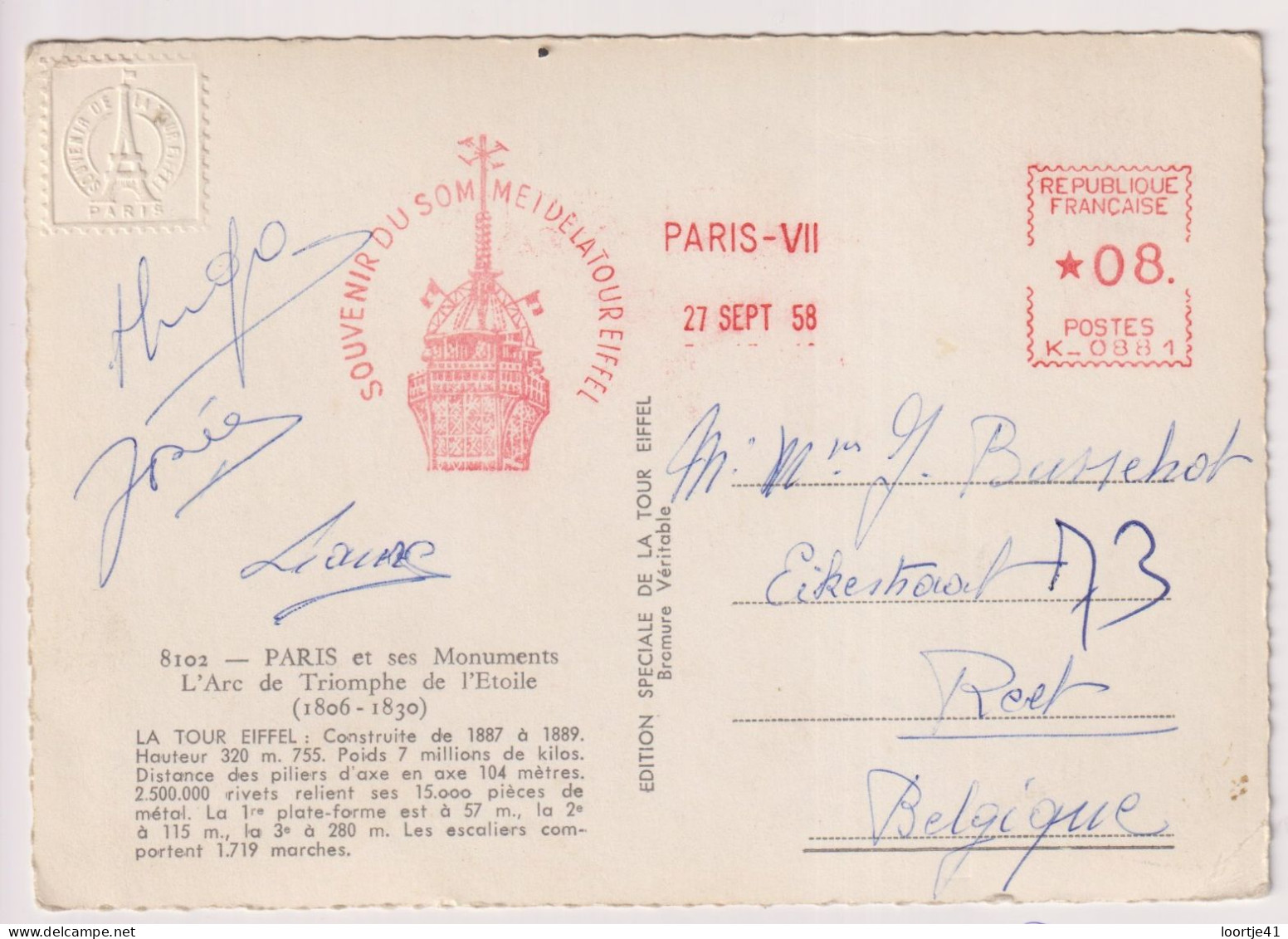 CP - Paris - souvenir du sommet de la tour Eiffel - 1958