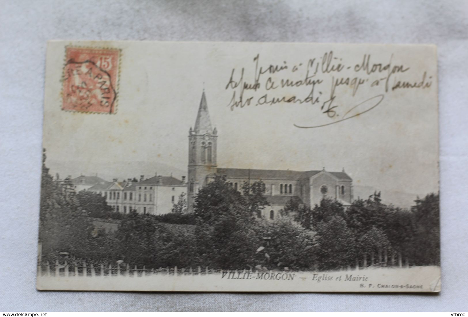 Cpa 1904, Villie Morgon, église et mairie, Rhône 69