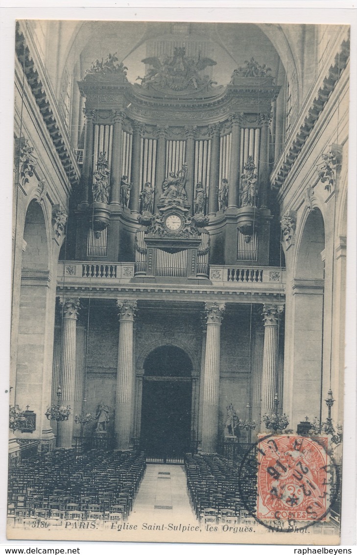 CPA 3180. Paris Eglise Saint-Sulpice Les orgues timbre tampon 1916