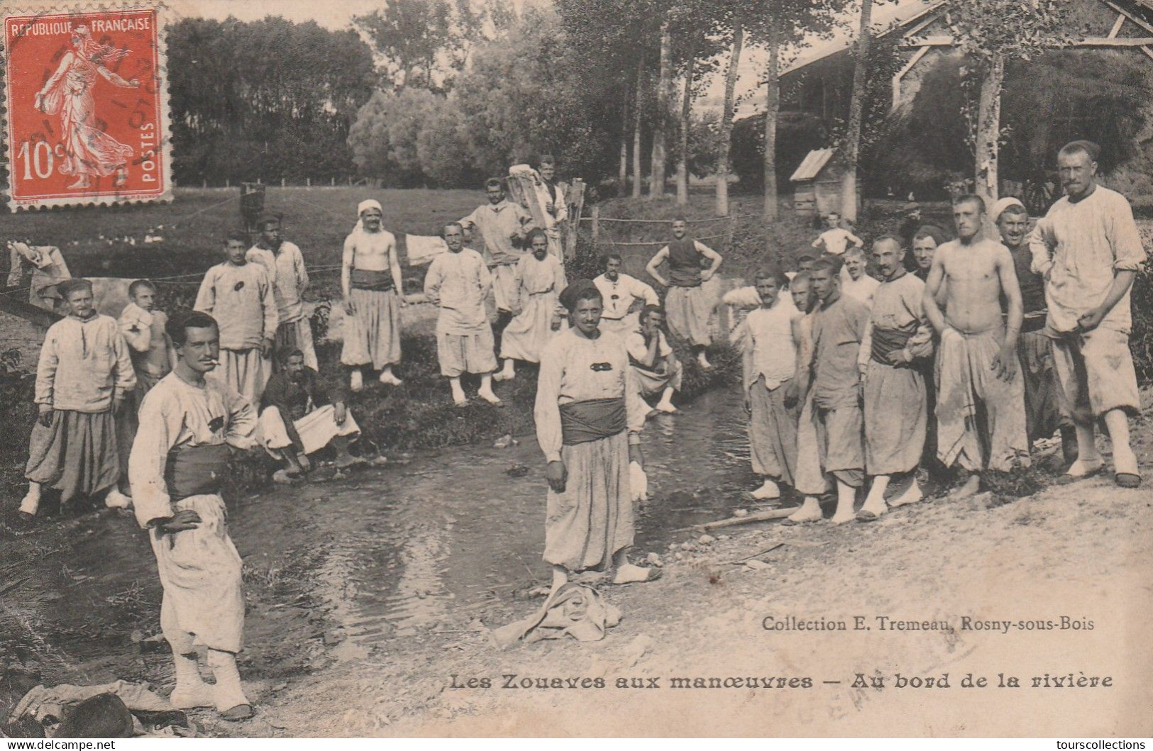 CPA 93 @ ROSNY SOUS BOIS - Militaires - Les Zouaves aux Manoeuvres - la rivière en 1912 @ Editeur E. Tremeau de Rosny