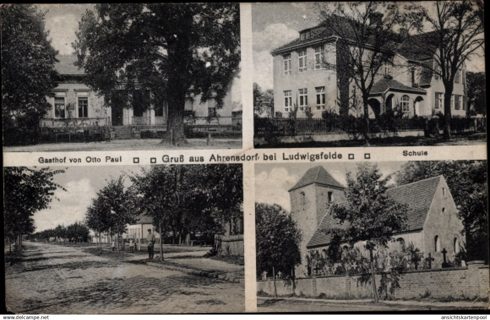 CPA Ahrensdorf Ludwigsfelde in Brandenburg, Gasthof, Schule, Kirche