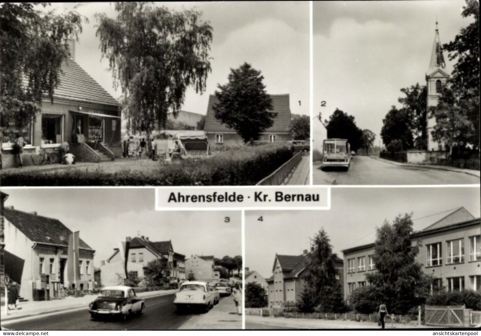 CPA Ahrensfelde bei Berlin, BHG-Verkaufsstelle, Bus-Endhaltestelle, Lindenberger Straße, Oberschule