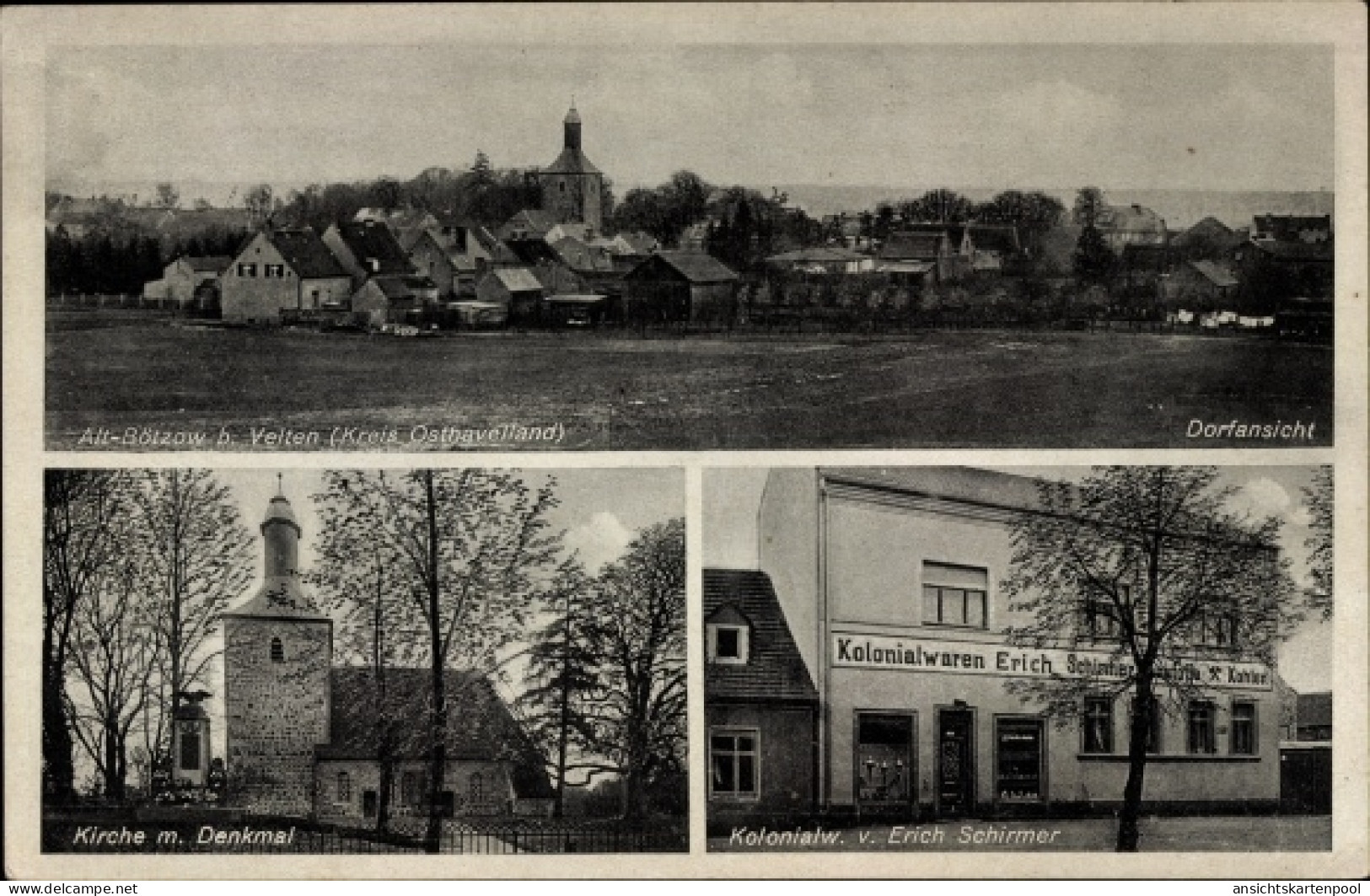 CPA Alt Bötzow Oberkrämer Havelland, Panorama, Kolonialwarengeschäft Erich Schirmer, Kirche, Denkmal