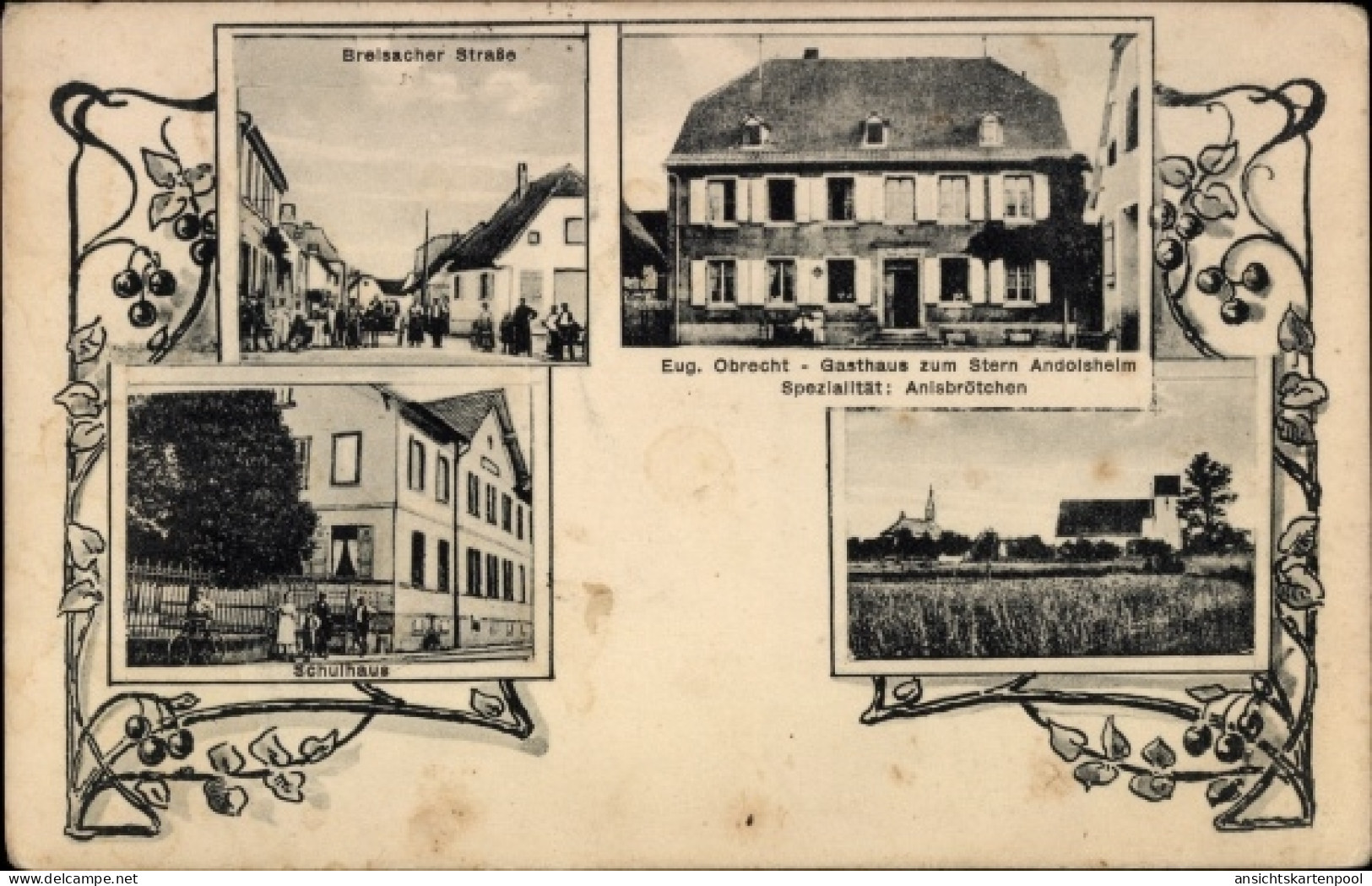 CPA Andolsheim Elsass Haut Rhin, Breisacher Straße, Gasthaus zum Stern, Schulhaus