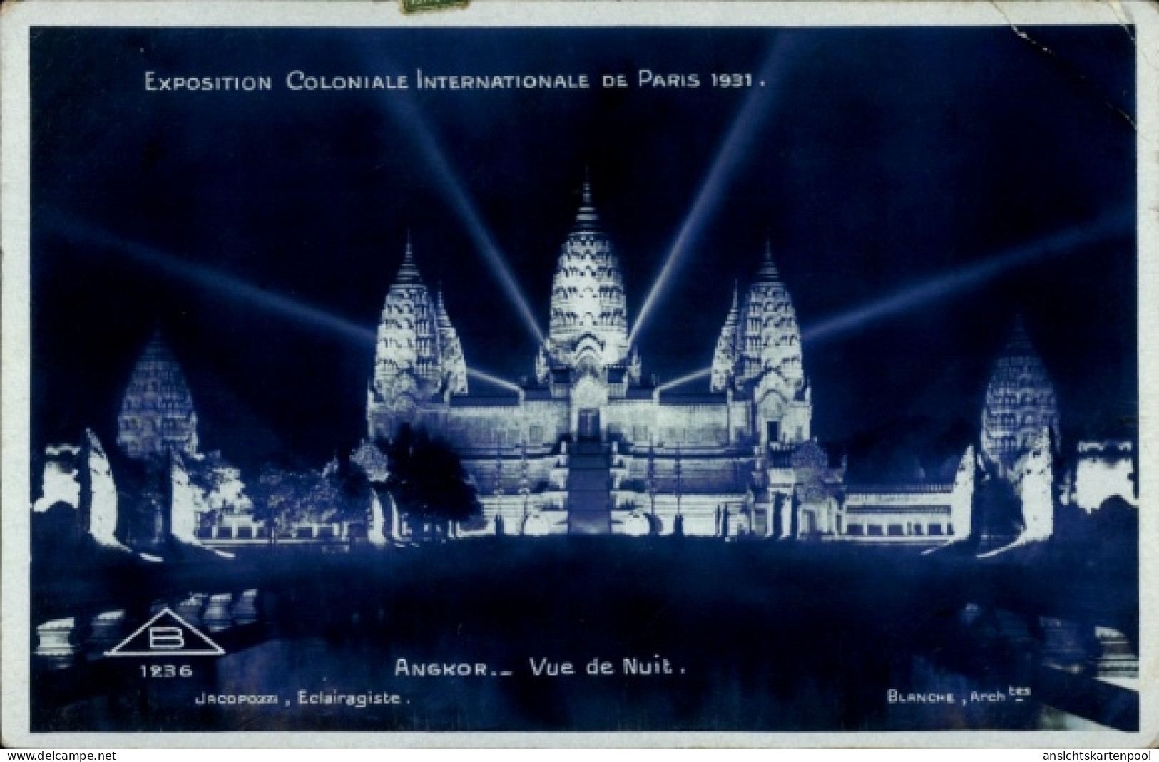 CPA Angkor Wat Kambodscha, Nachtansicht des Angkor Wat mit Lichtern, Exposition Coloniale Inter...