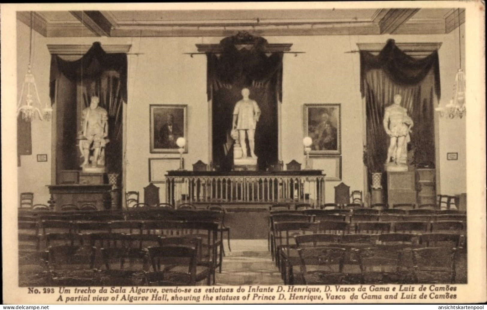 CPA Belém Lisboa Portugal, Museu de Marinha, Sala Algarve, estatuas D. Henrique, Vasco da Gama