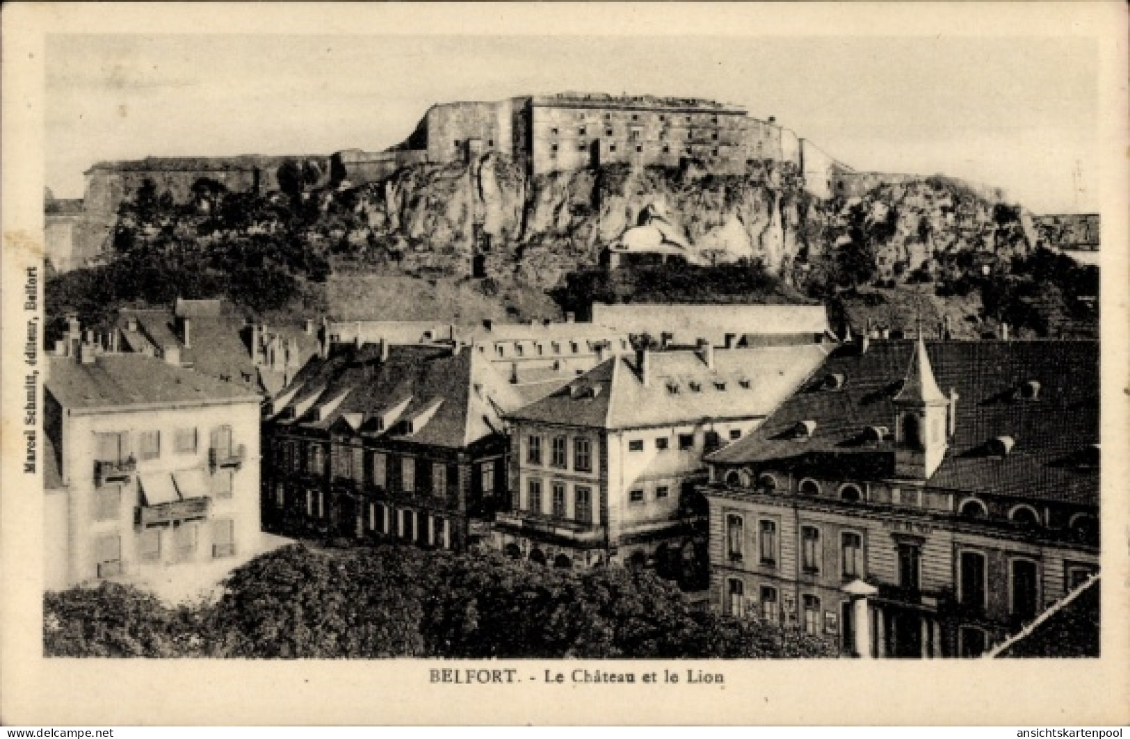 CPA Belfort Beffert Beffort Territoire de Belfort, Burg, Stadt und Löwe