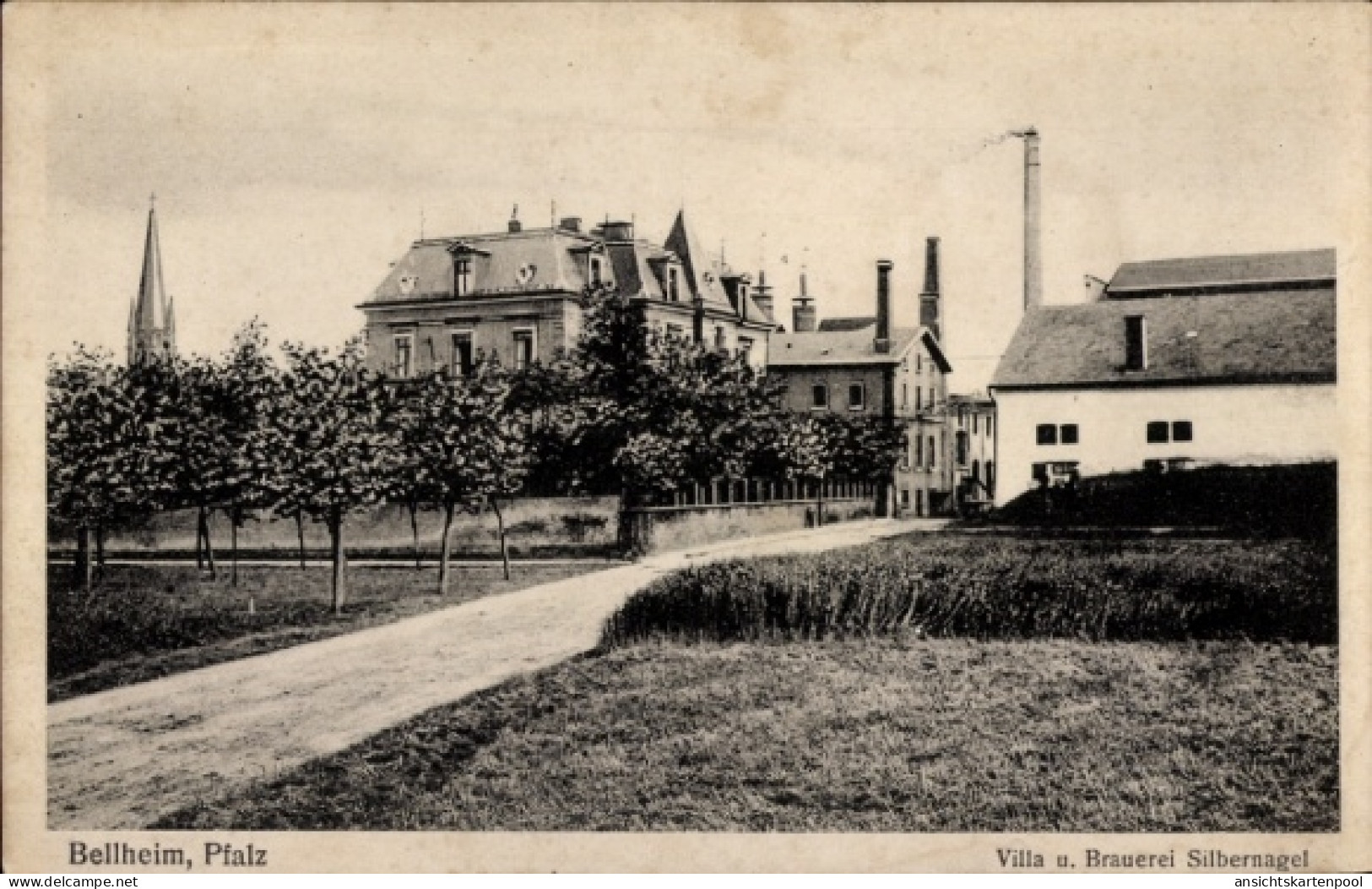 CPA Bellheim in der Pfalz, Pfalz, Villa u. Brauerei Silbernagel, Straße, Bäume