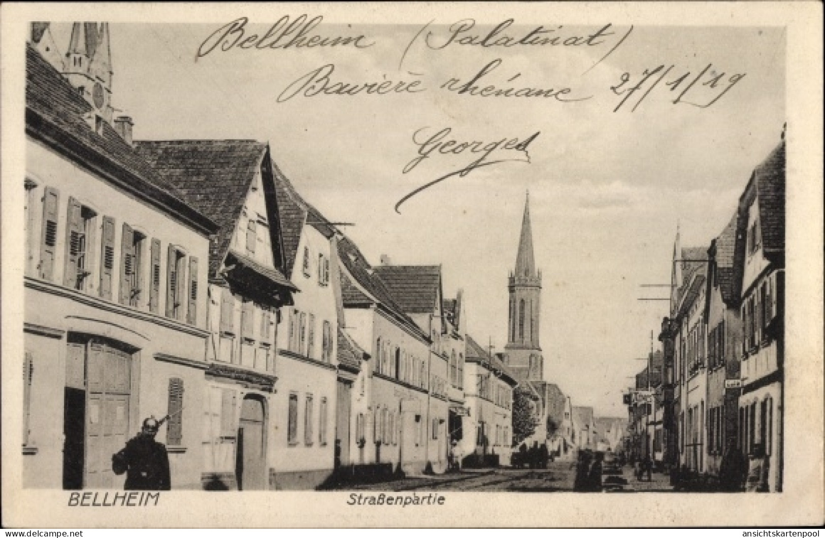 CPA Bellheim in der Pfalz, Straßenpartie, Kirche