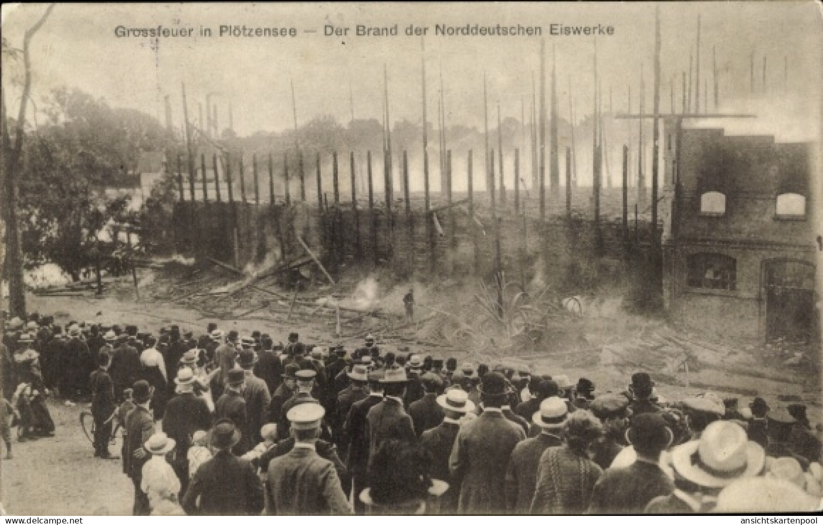 CPA Berlin Charlottenburg Plötzensee, Großfeuer, Brand der Norddeutschen Eiswerke