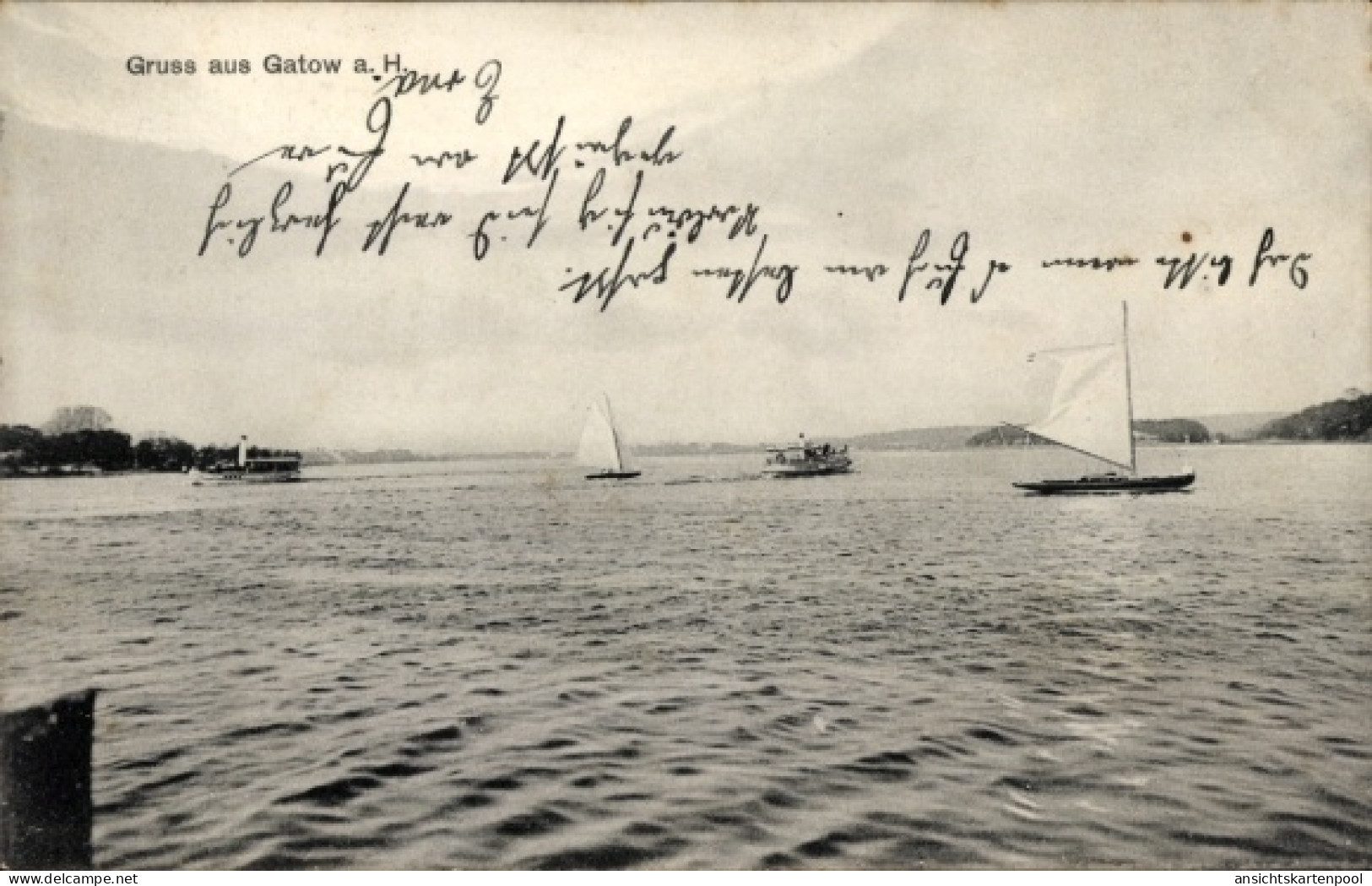 CPA Berlin Spandau Gatow, Segelboote auf Wasser, Gruss aus Gatow a. H., handschriftlicher Text