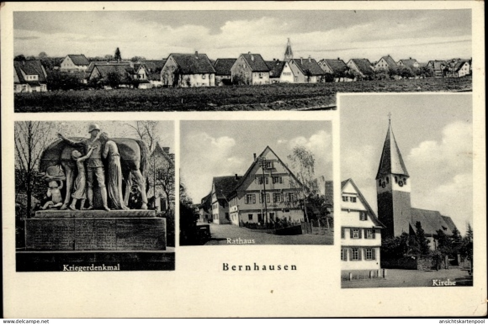 CPA Bernhausen Filderstadt Bade Württemberg, Kriegerdenkmal, Kirche, Rathaus, Totalansicht