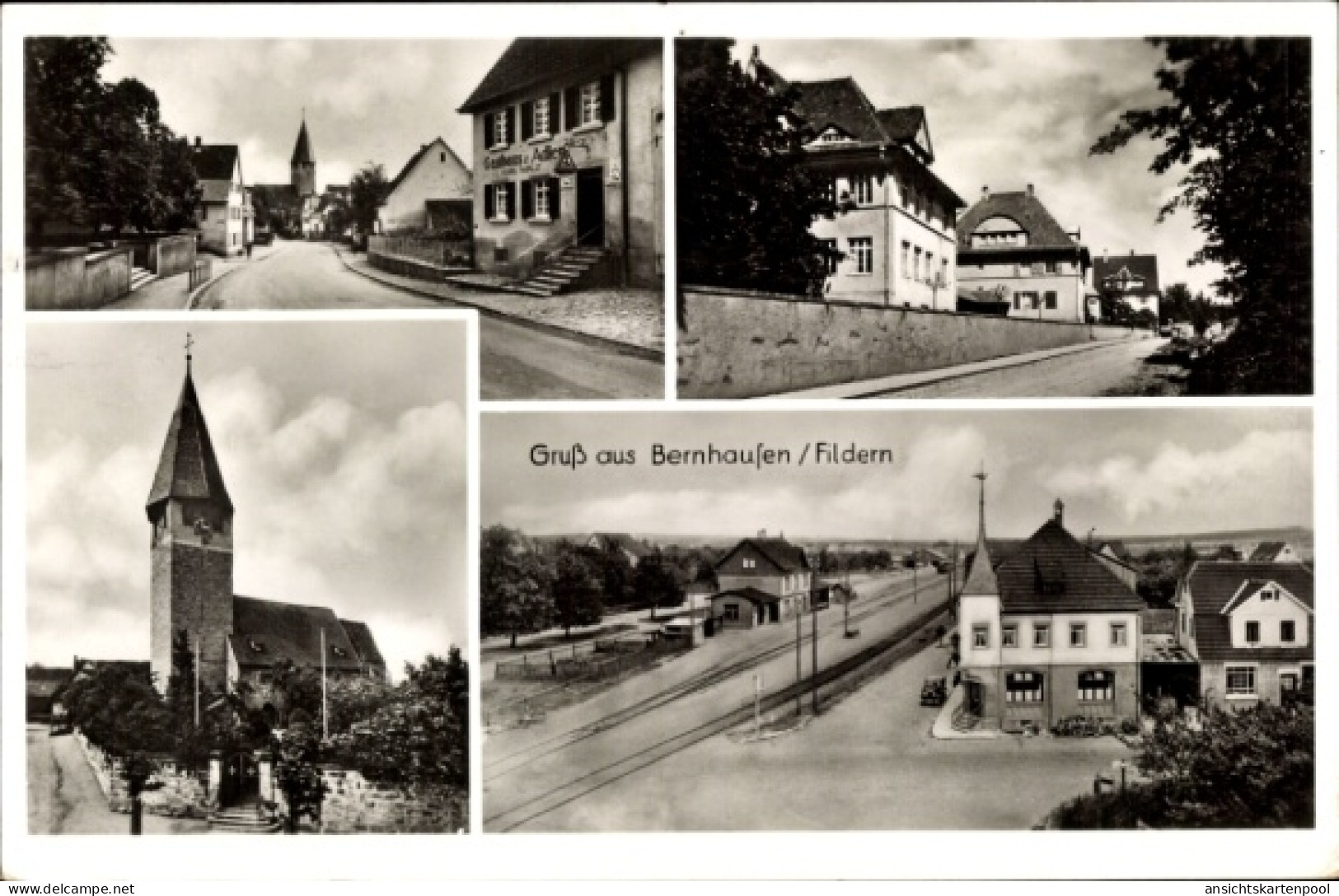CPA Bernhausen Filderstadt Bade Württemberg, Straßenpartie, Gasthaus Adler, Kirche, Bahnhof