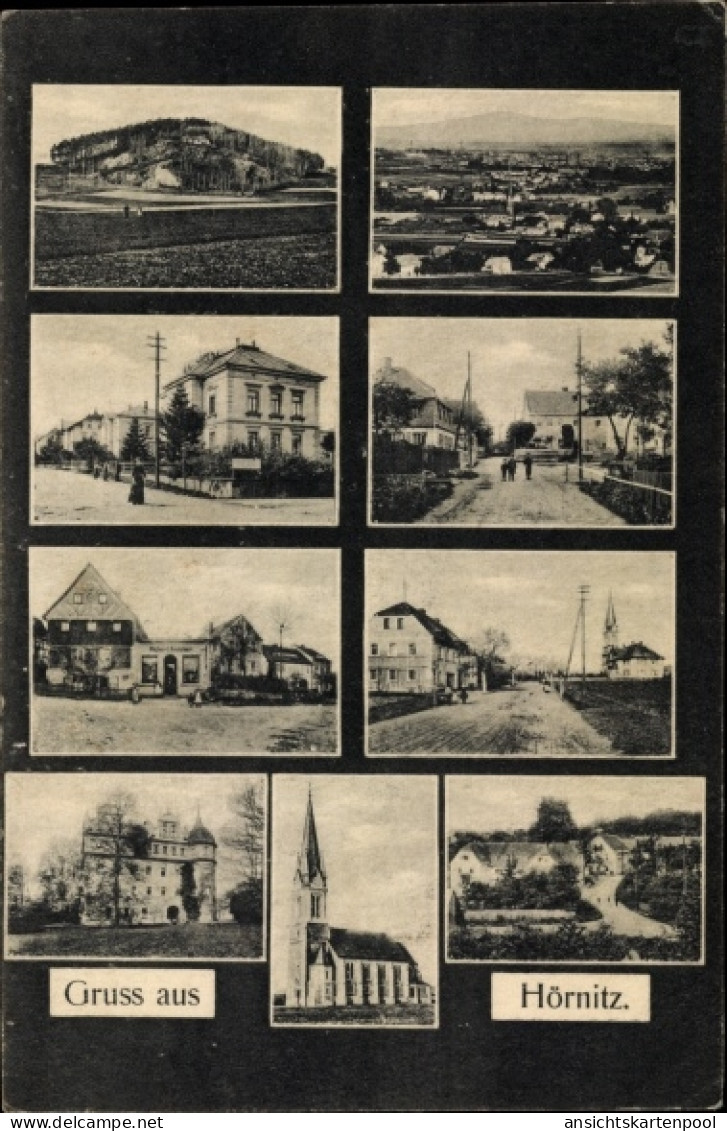 CPA Bertsdorf Hörnitz Oberlausitz, Panorama, Kirche, Schloss, Straßenpartien, Geschäftshaus