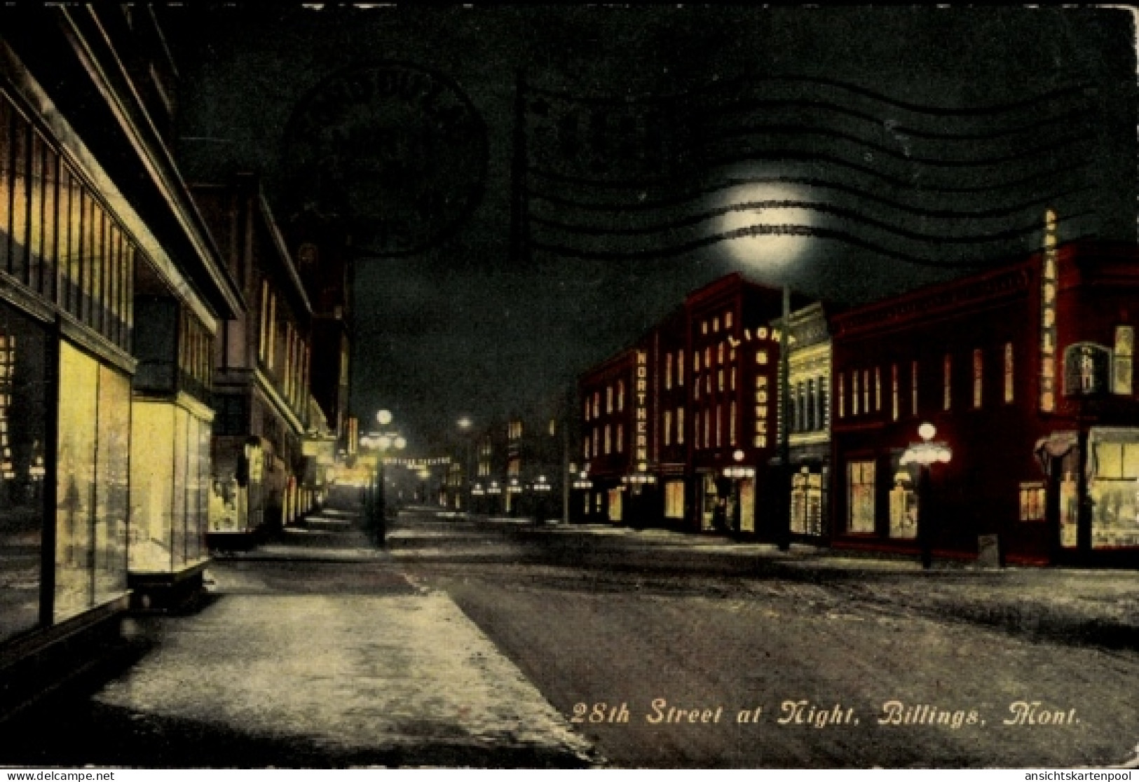 CPA Billings Montana USA, 28th Street bei Nacht, Geschäfte, Straßenlaternen,