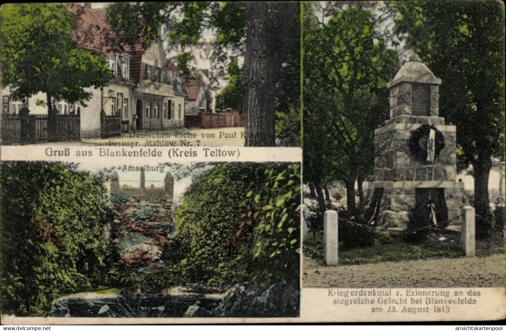 CPA Blankenfelde Mahlow Teltow Fläming, Restaurant zur Deutschen Eiche, Amselburg, Kriegerdenkmal