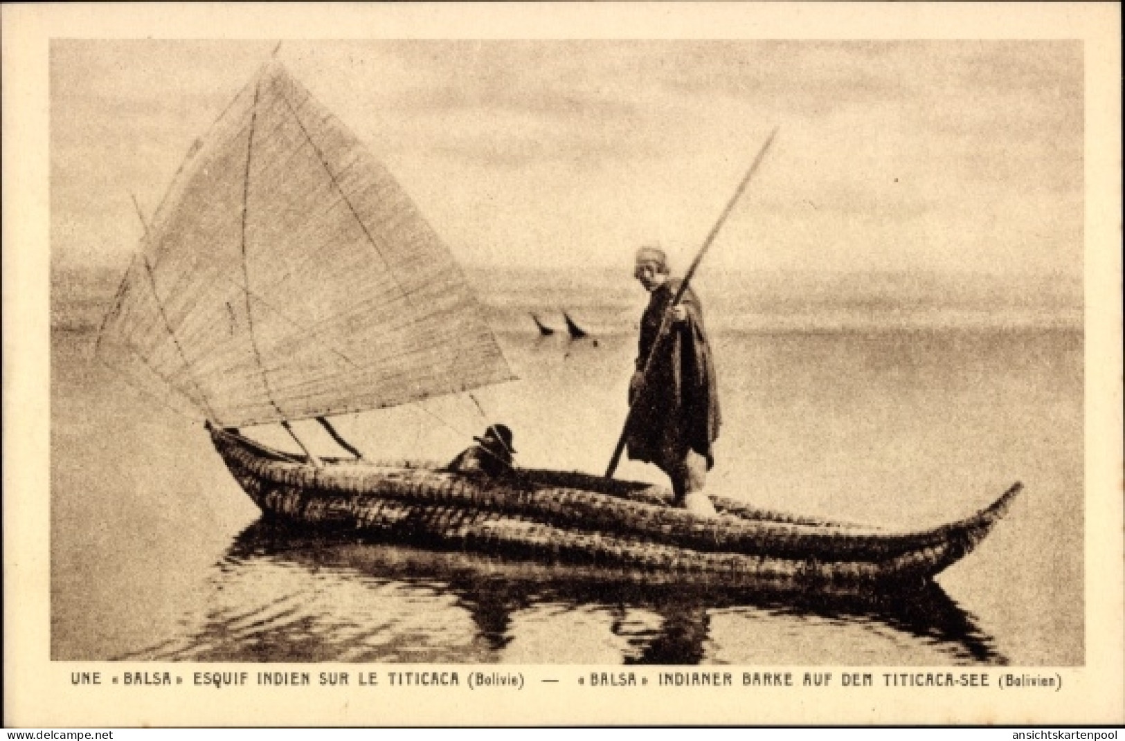 CPA Bolivien, indigenes Schiff auf dem Titicacasee