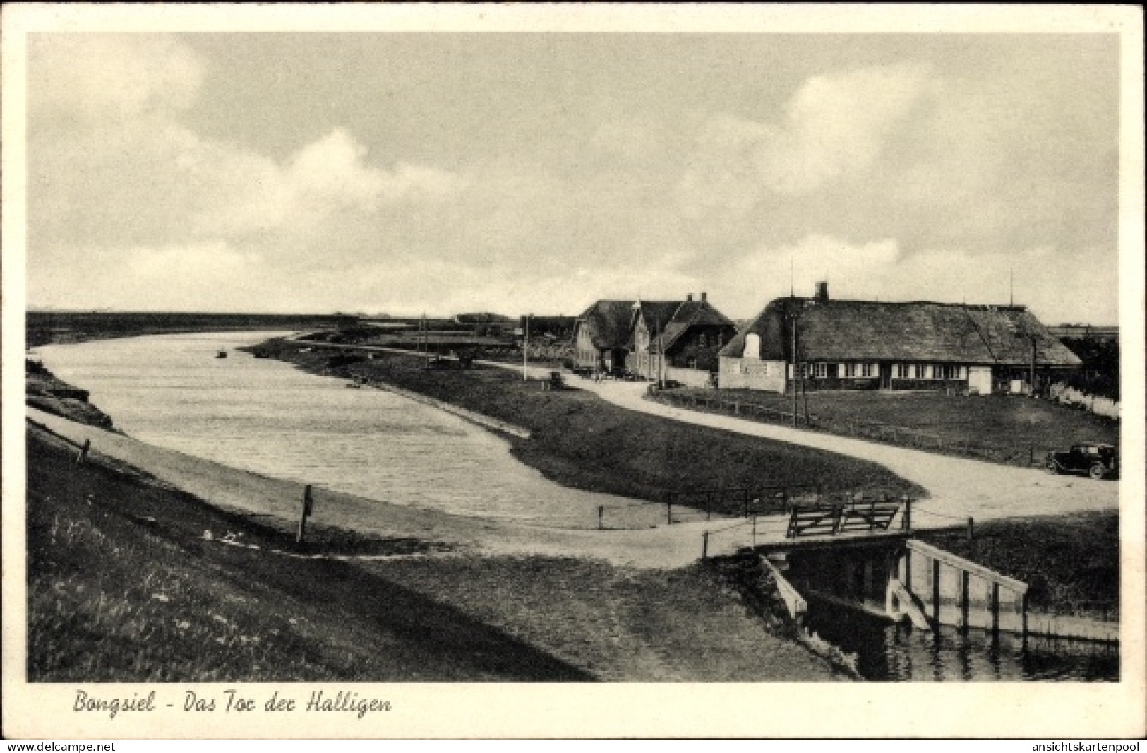CPA Bongsiel Ockholm in Nordfriesland, Das Tor zu den Halligen, Panorama mit Schleuse