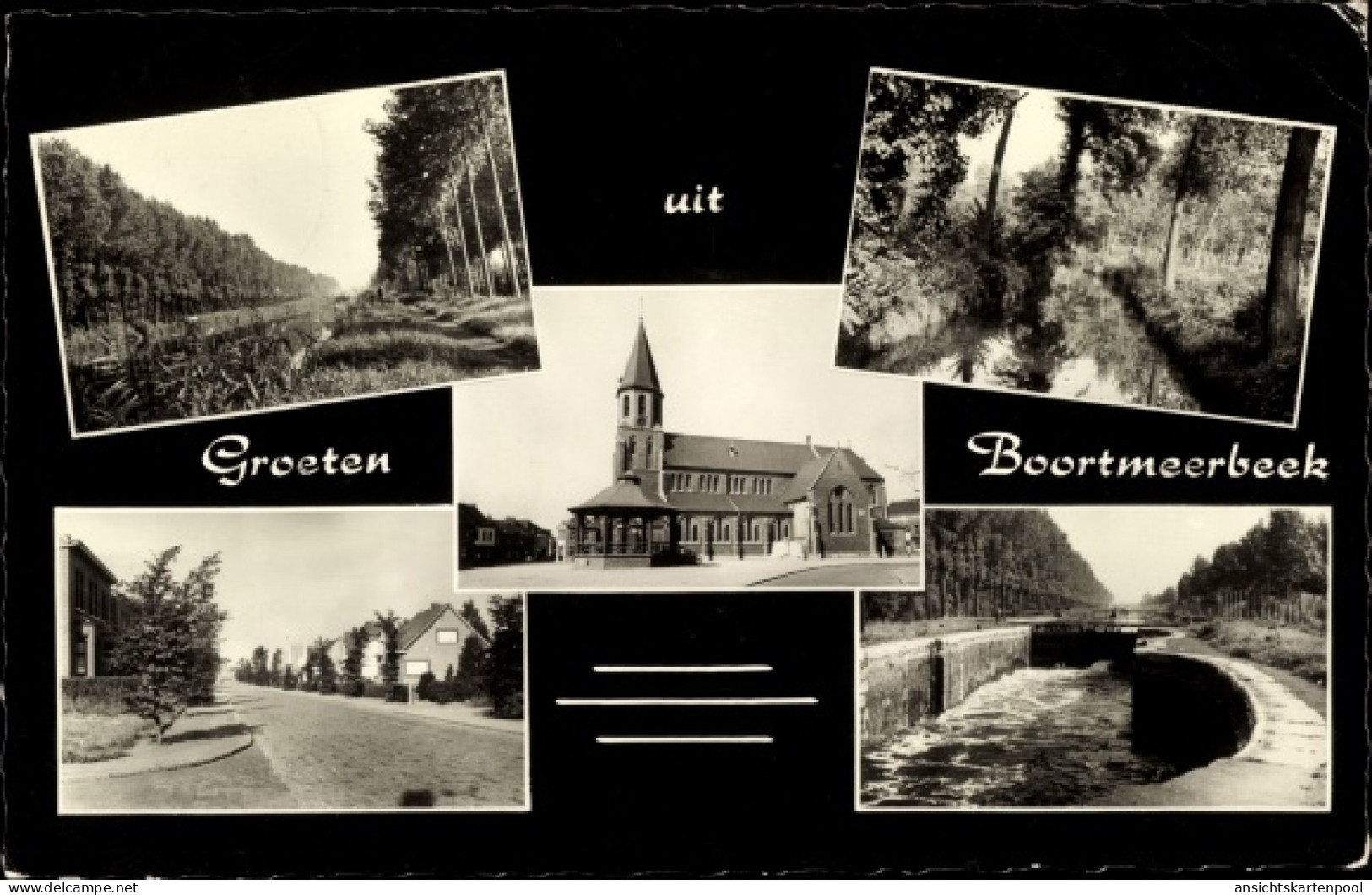CPA Boortmeerbeek Flämisch Brabant, Ortsansichten, Schleuse, Kirche, Wald