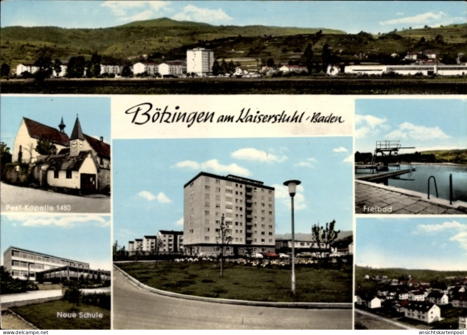 CPA Bötzingen im Schwarzwald, Panorama, Pest-Kapelle 1480, neue Schule, Freibad
