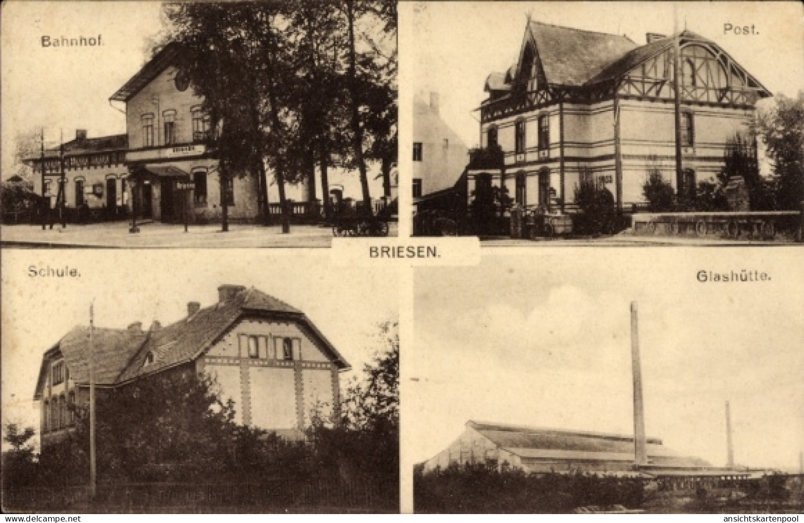 CPA Briesen in der Mark, Bahnhof, Post, Schule, Glashütte, Briesen