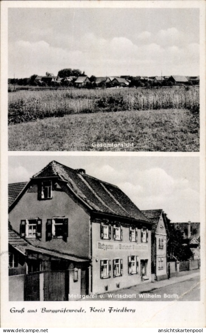 CPA Burg Gräfenrode Karben im Wetteraukreis, Metzgerei und Wirtschaft, Gesamtansicht