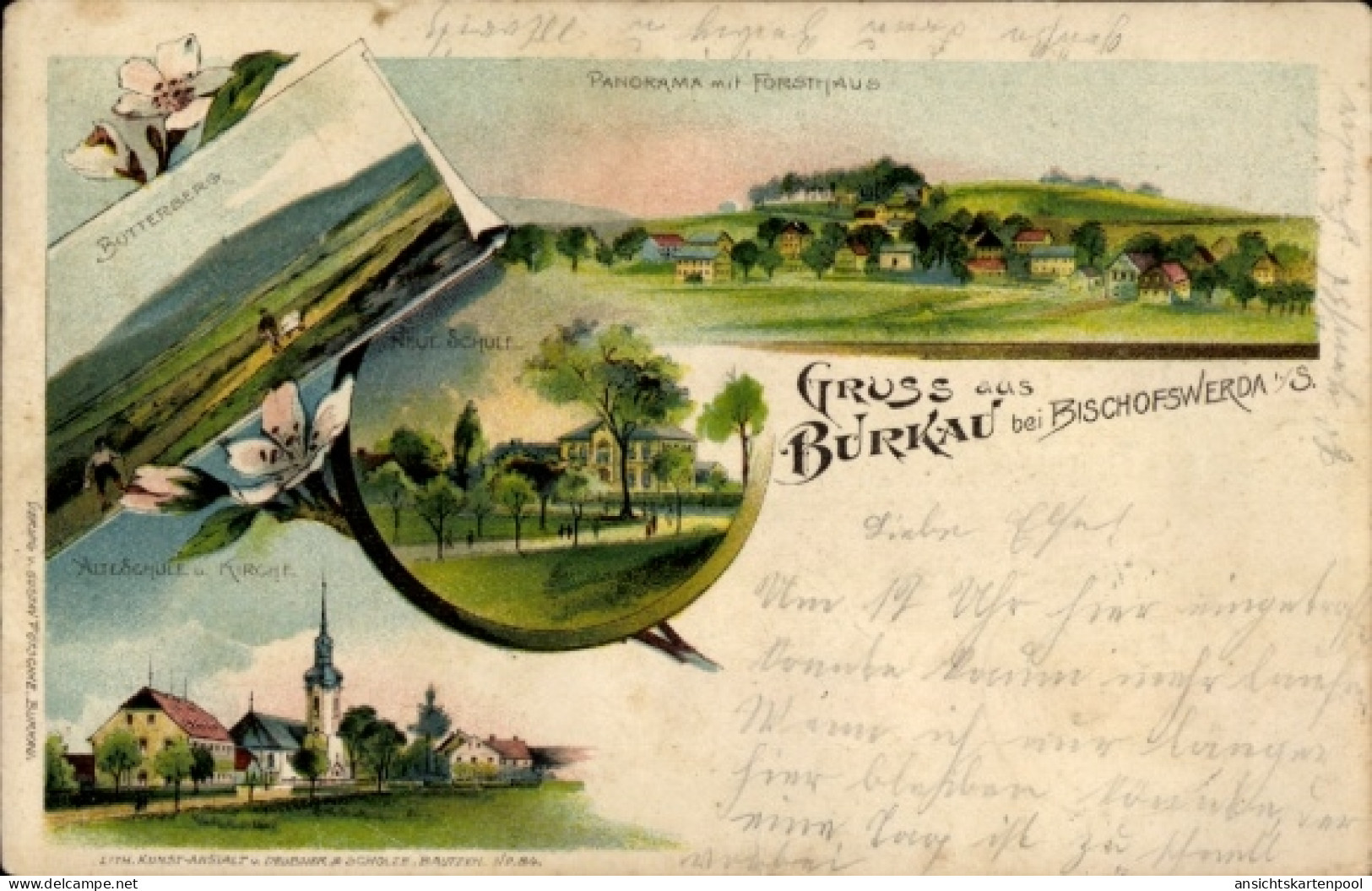 CPA Burkau in Sachsen, Panorama mit Forsthaus, Butterberg, Eutschule, Burkau, alte Architektur