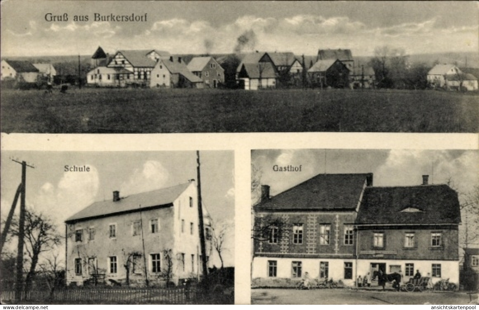 CPA Burkersdorf Reinsberg in Sachsen, Gesamtansicht, Schule, Gasthof