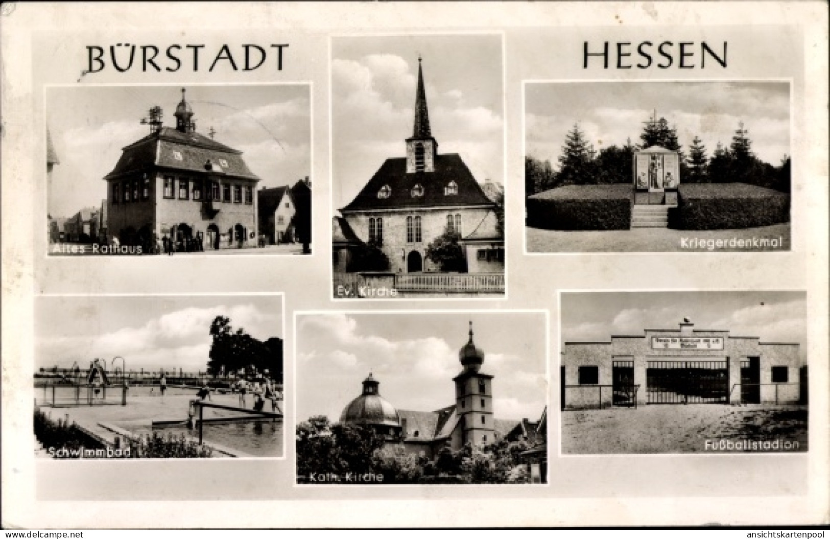 CPA Bürstadt in Hessen, Kirche, altes Rathaus, Schwimmbad, Fußballstadion, Kriegerdenkmal